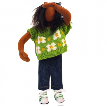 Preview: Grüner Strickpulli mit Blumen & Jeans & Turnschuhe - Frau 28cm